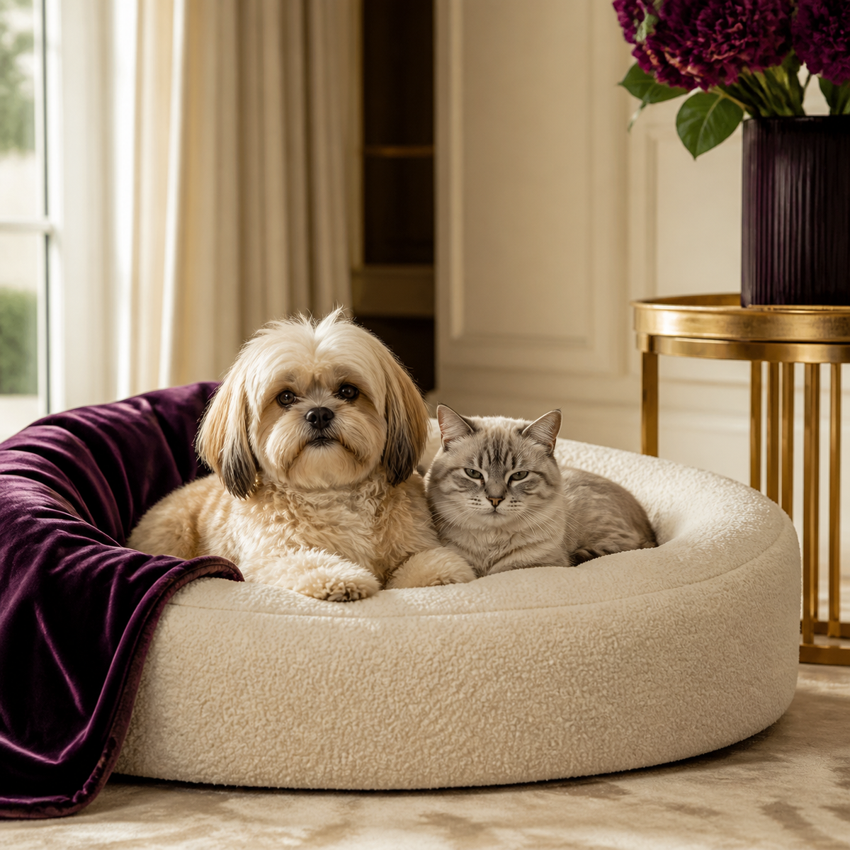 Luxury dog and cat resting together in a cream Pawshé pet bed