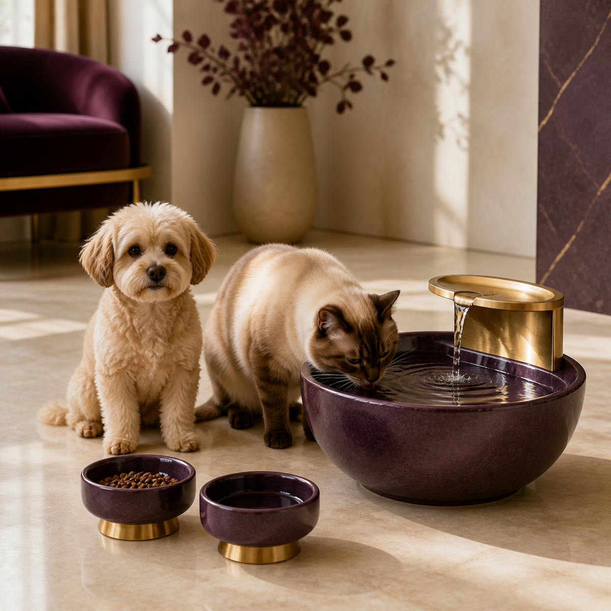 Dog and cat beside elegant Pawshé feeding bowls and water fountain