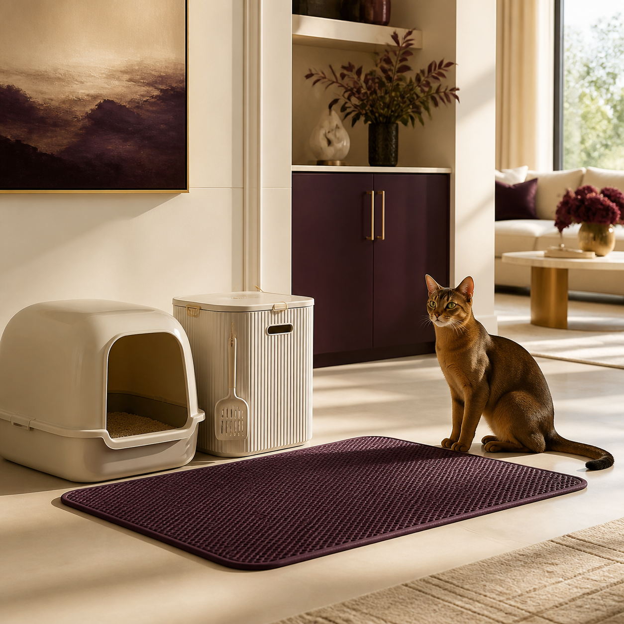 Elegant cat beside a clean-home litter area with a plum mat