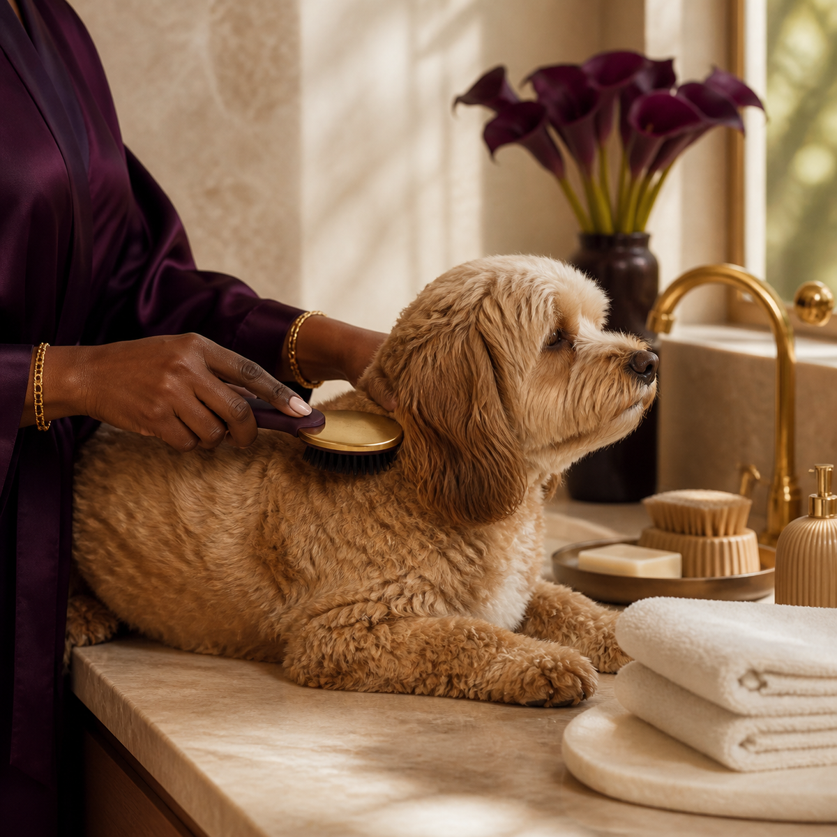 Black woman gently grooming a dog in a luxury home spa setting