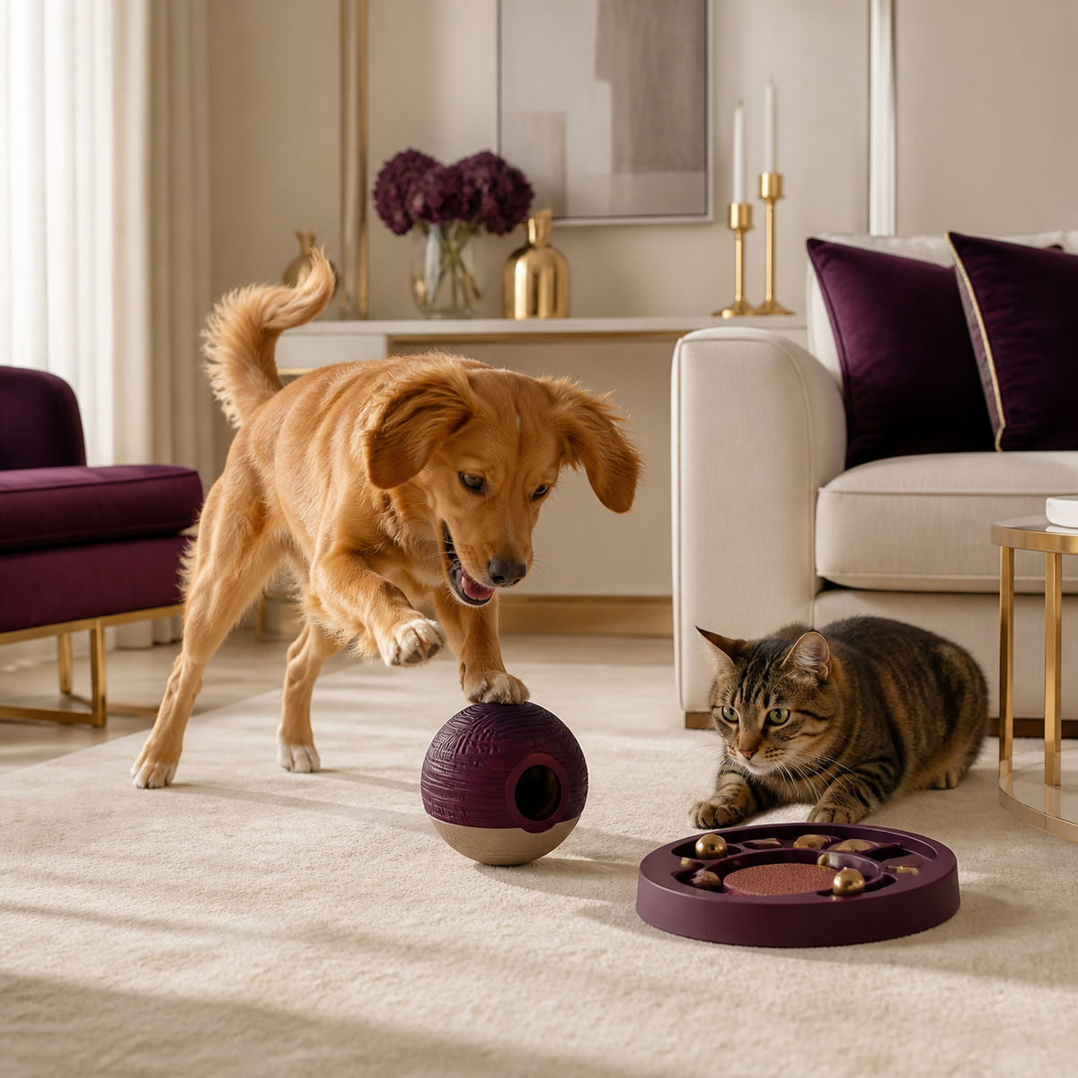 Dog and cat playing with premium enrichment toys