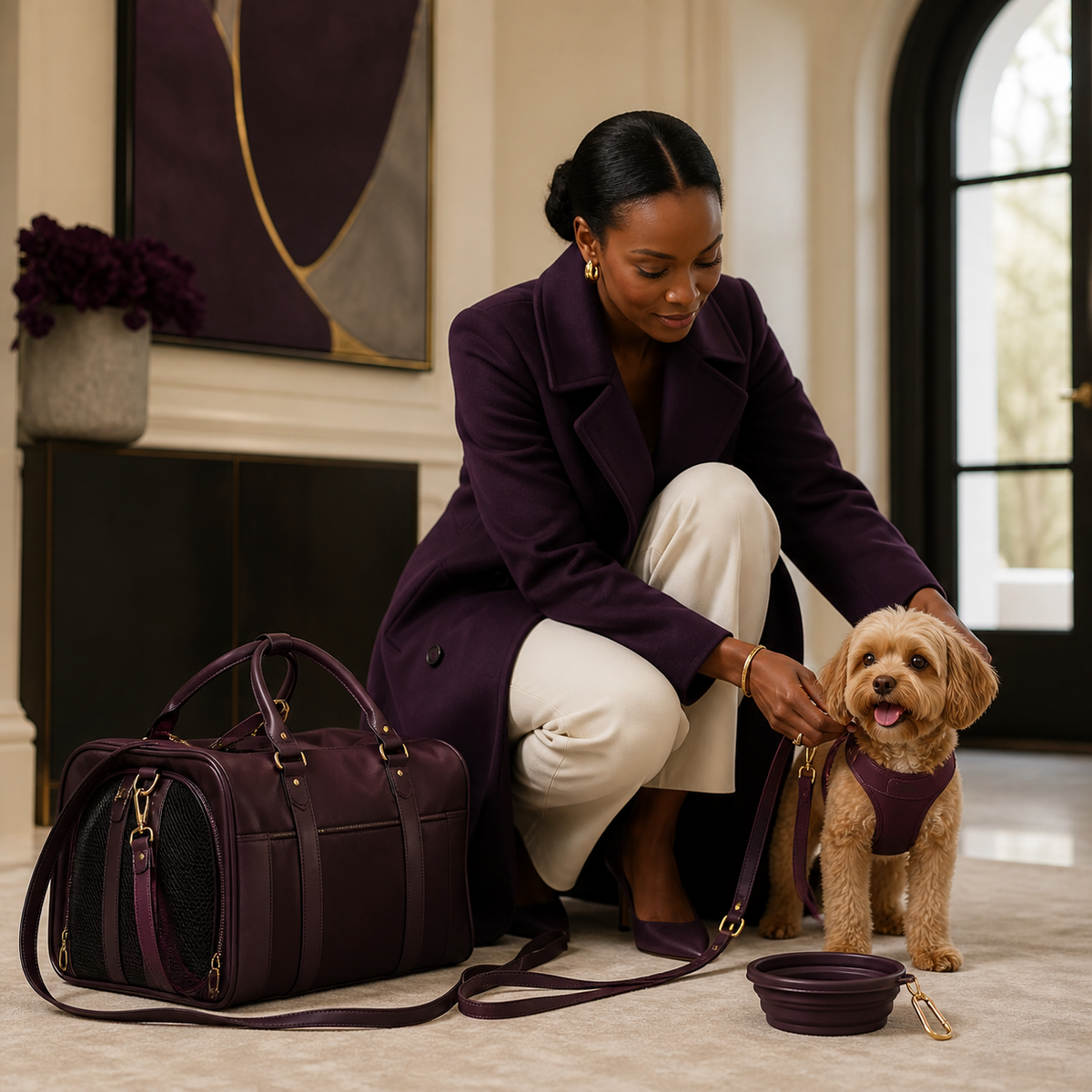 Black woman preparing her dog for luxury walking and travel