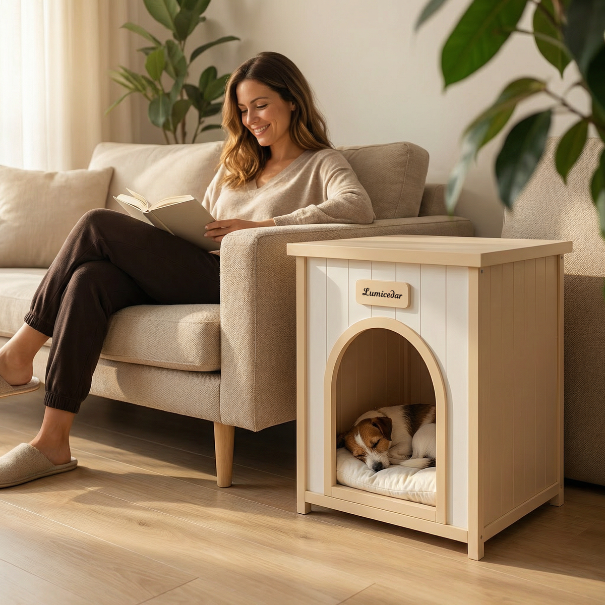 Lumicedar indoor wooden pet house with removable cushion beside a sofa