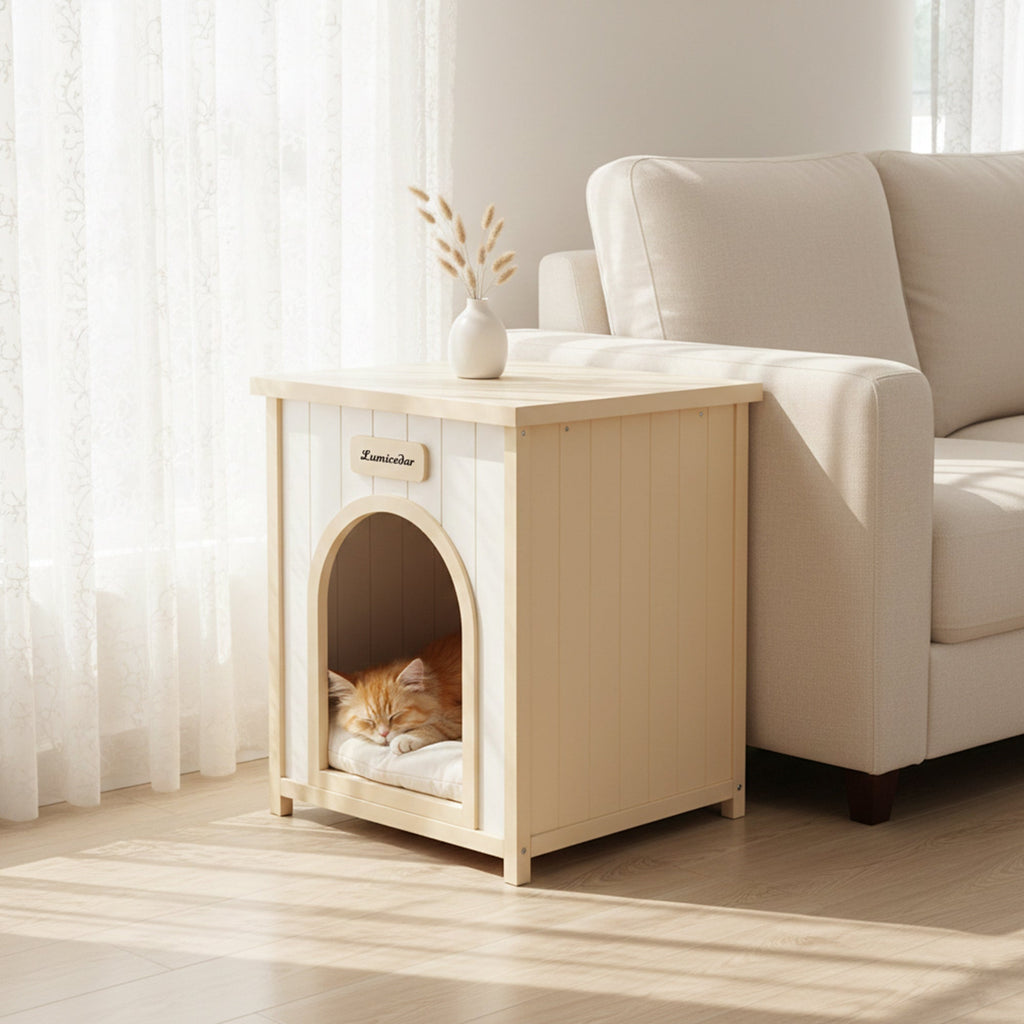 Lumicedar wooden pet house used as a side table with a cat inside