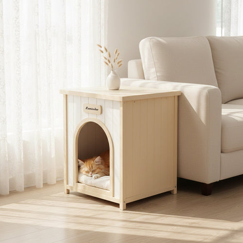 Lumicedar wooden pet house used as a side table with a cat inside