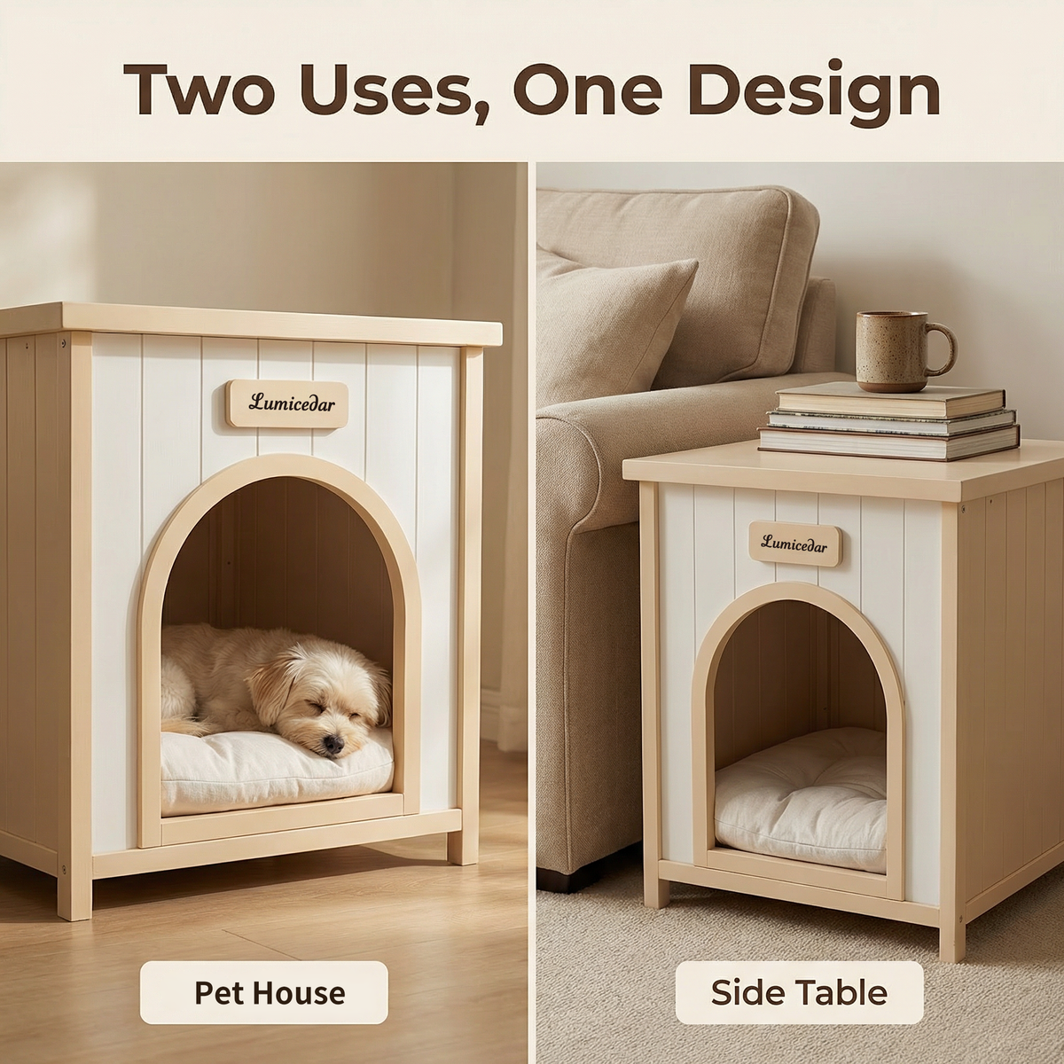 Lumicedar pet house shown as both a small-pet retreat and side table