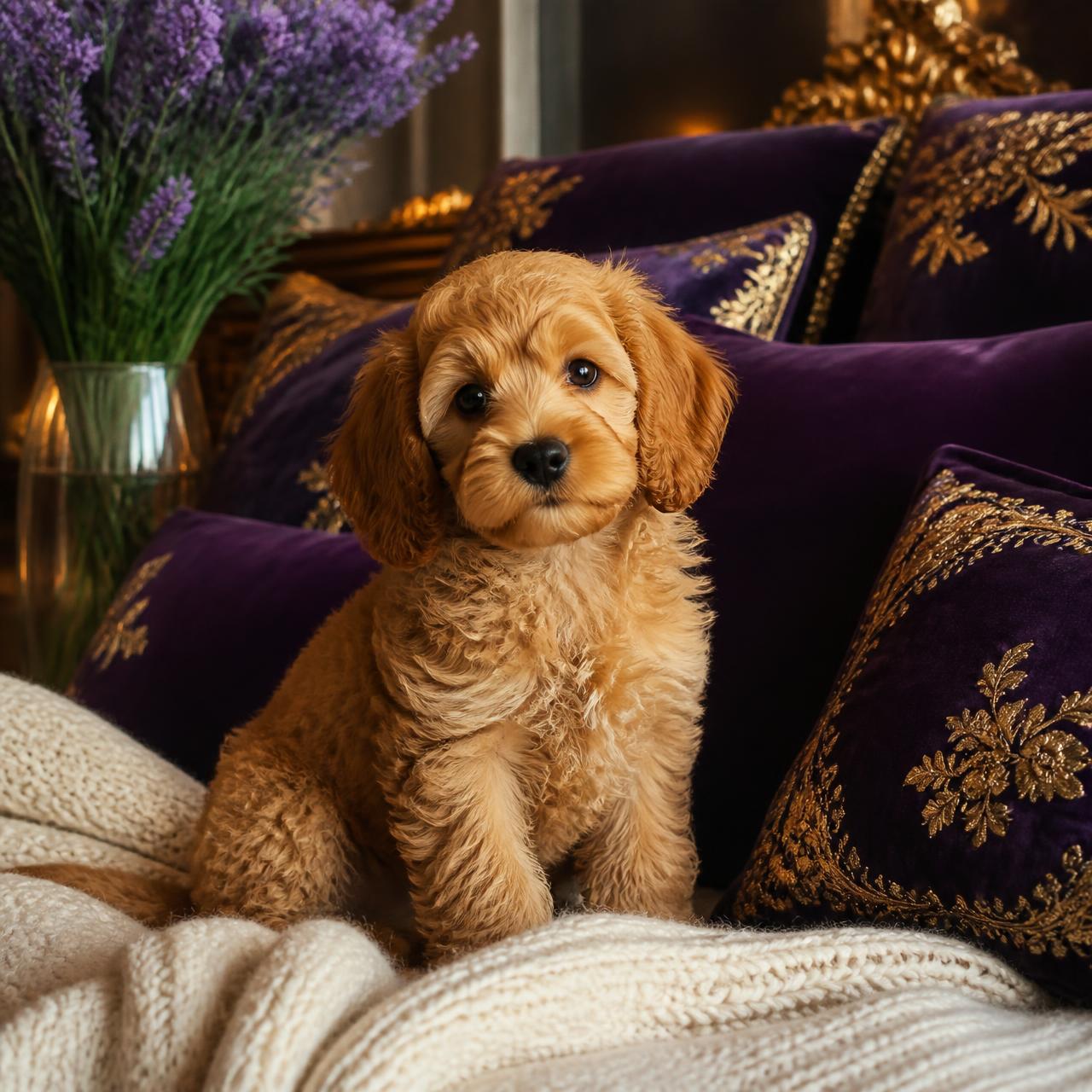 Golden doodle puppy resting on purple and gold pillows
