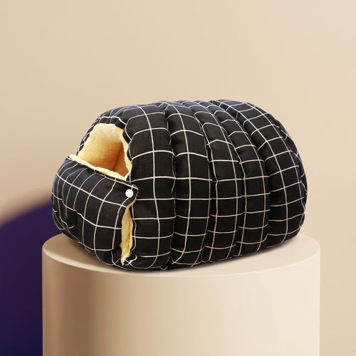 Pawshé HavenPod washable pet cave in Black Plaid with cream lining