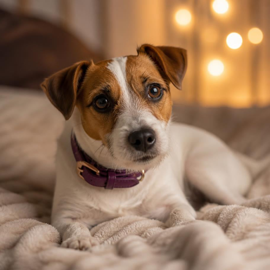 Jack Russell terrier resting on a cozy blanket